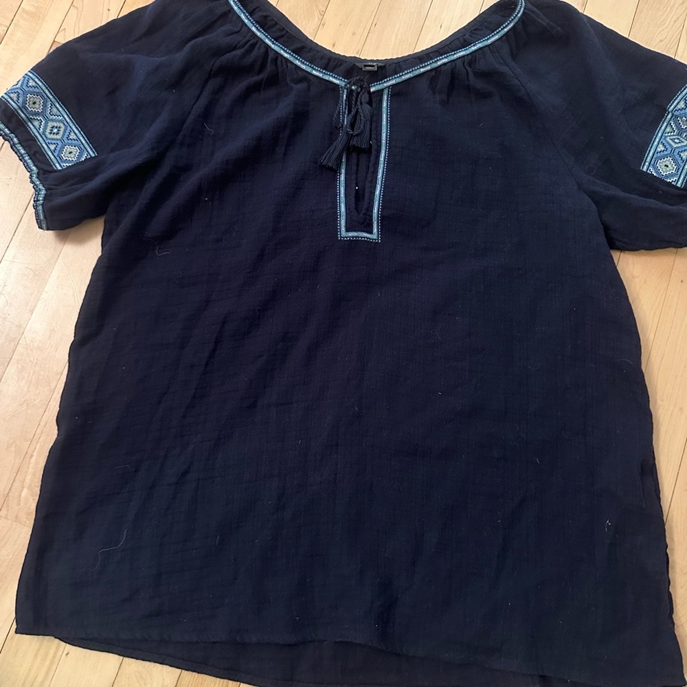 J CREW Navy Gauze embroidered top tunic tassel tie Size XL EUC!
